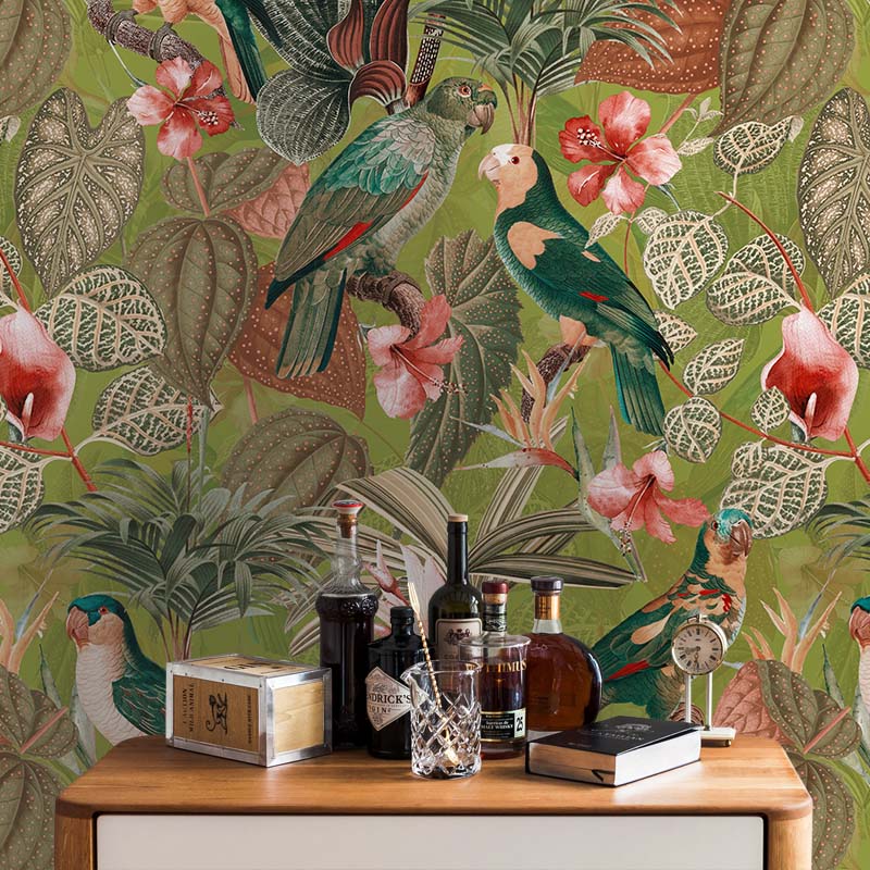 טפט Parrots with Orchids and Hibiscus in Jungle – Orange