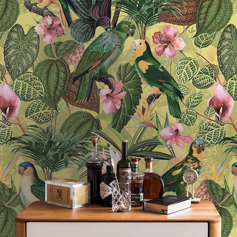 טפט Parrots with Orchids and Hibiscus in Jungle – Pale