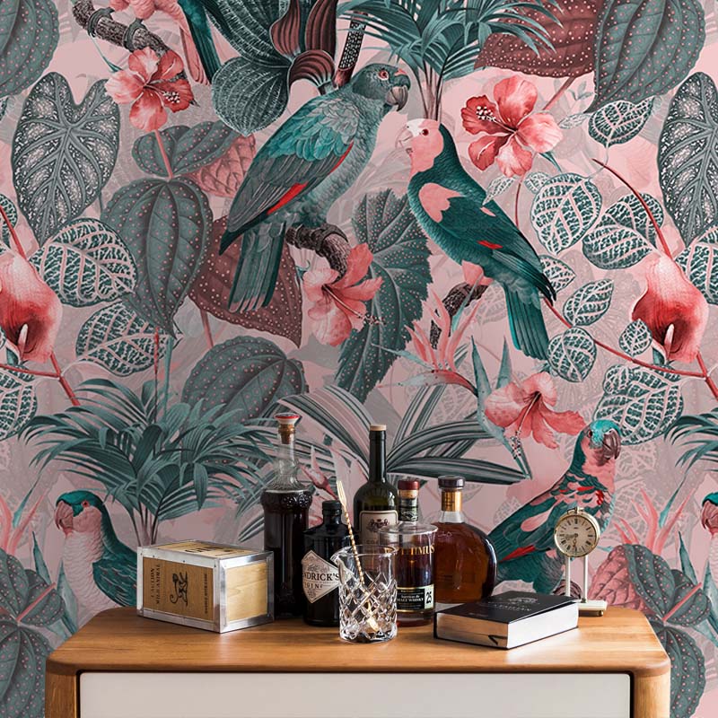 טפט Parrots with Orchids and Hibiscus in Jungle – Pink Grey