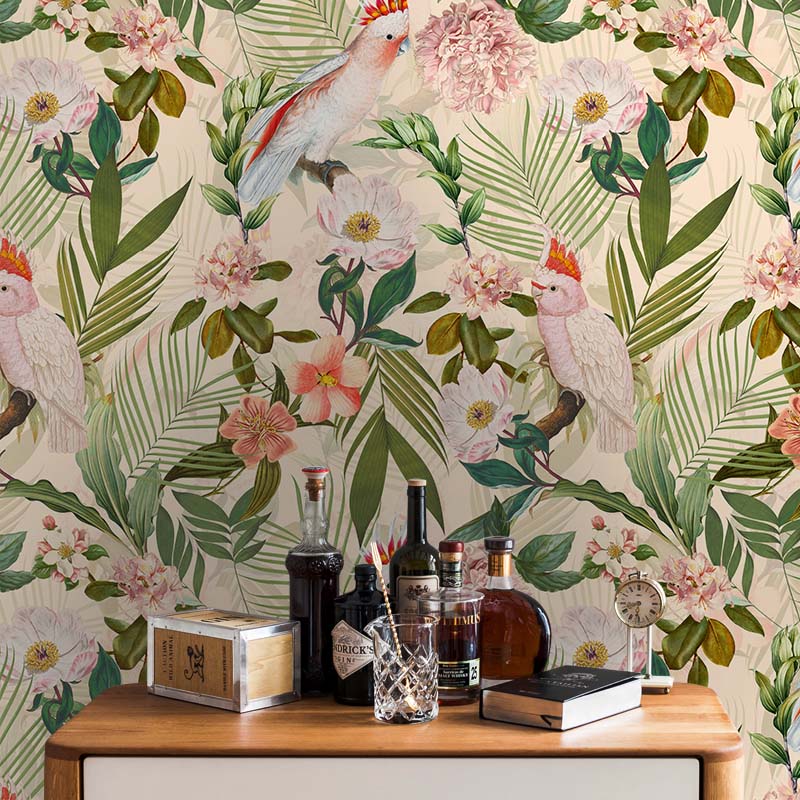 טפט Pink Cockatoos Flowers And Palm Leaves – peach