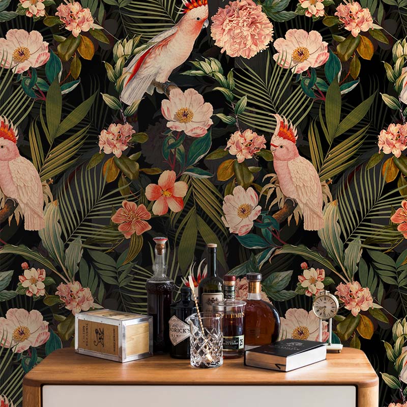 טפט Pink Cockatoos Flowers And Palm Leaves – shiny night