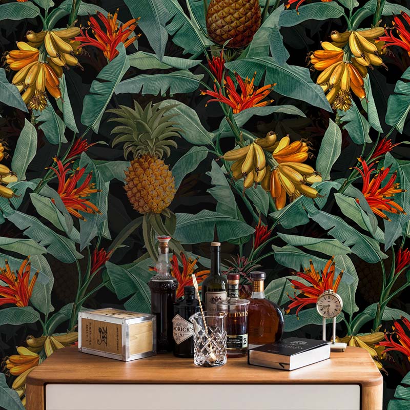 טפט טרופי בננות שחור - Tropical Leaves Pineapples and Bananas