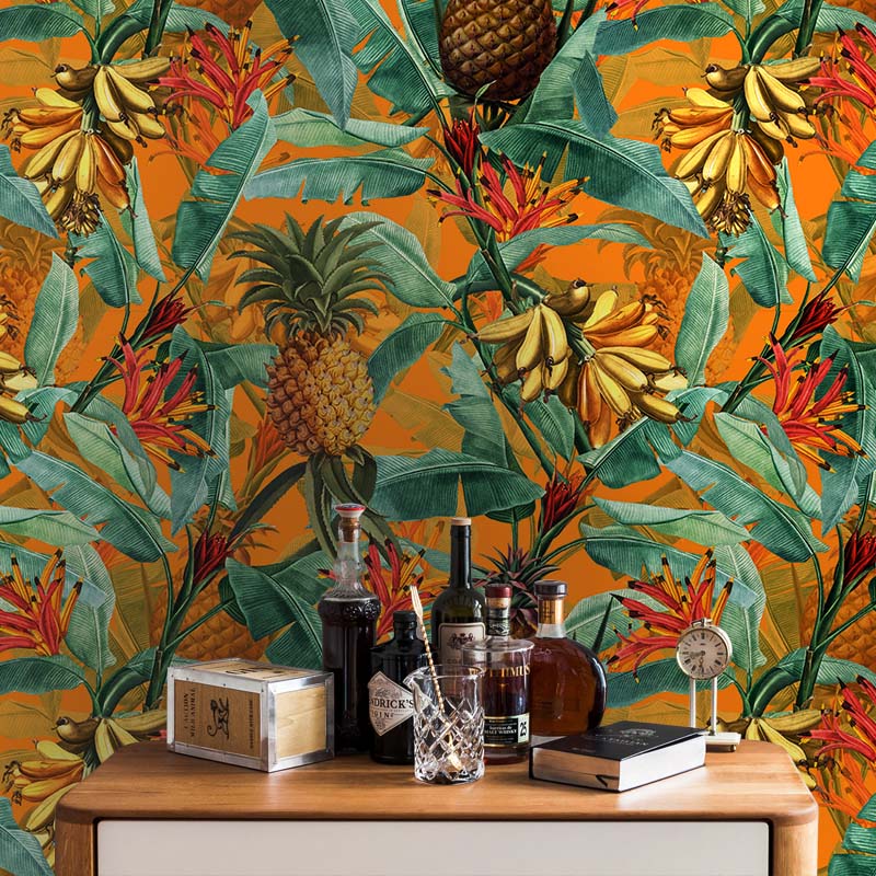 טפט טרופי בננות כתום - Tropical Leaves Pineapples and Bananas
