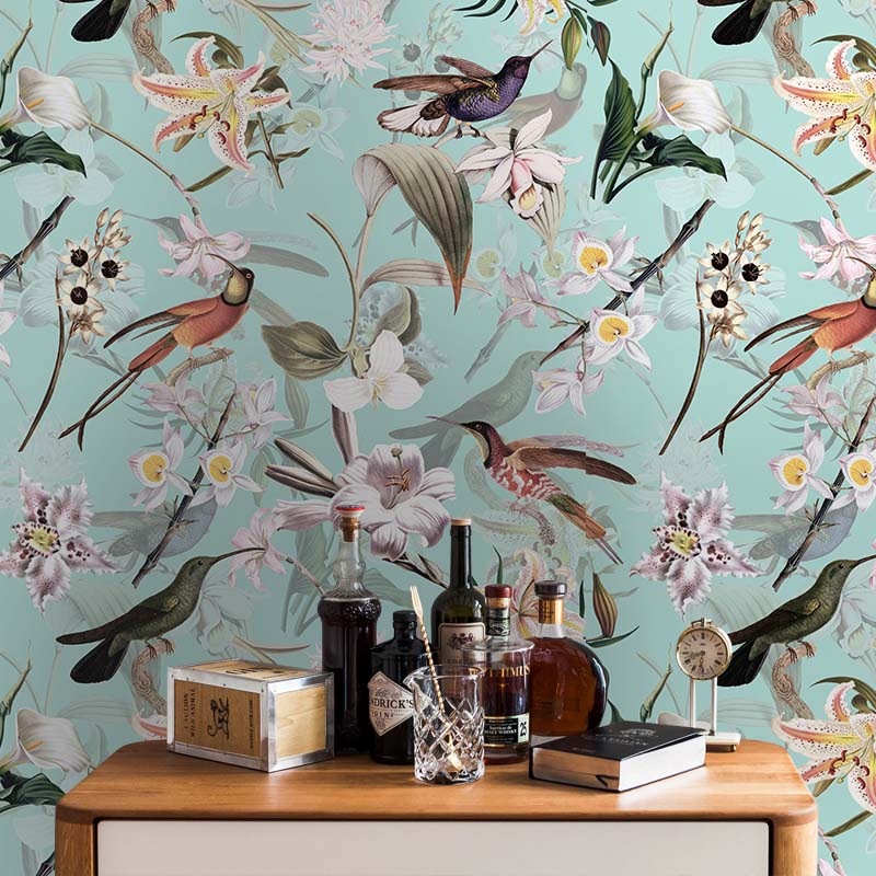 טפט Hummingbirds and Tropical Flowers-teal