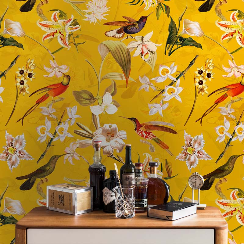 טפט Hummingbirds and Tropical Flowers-Yellow