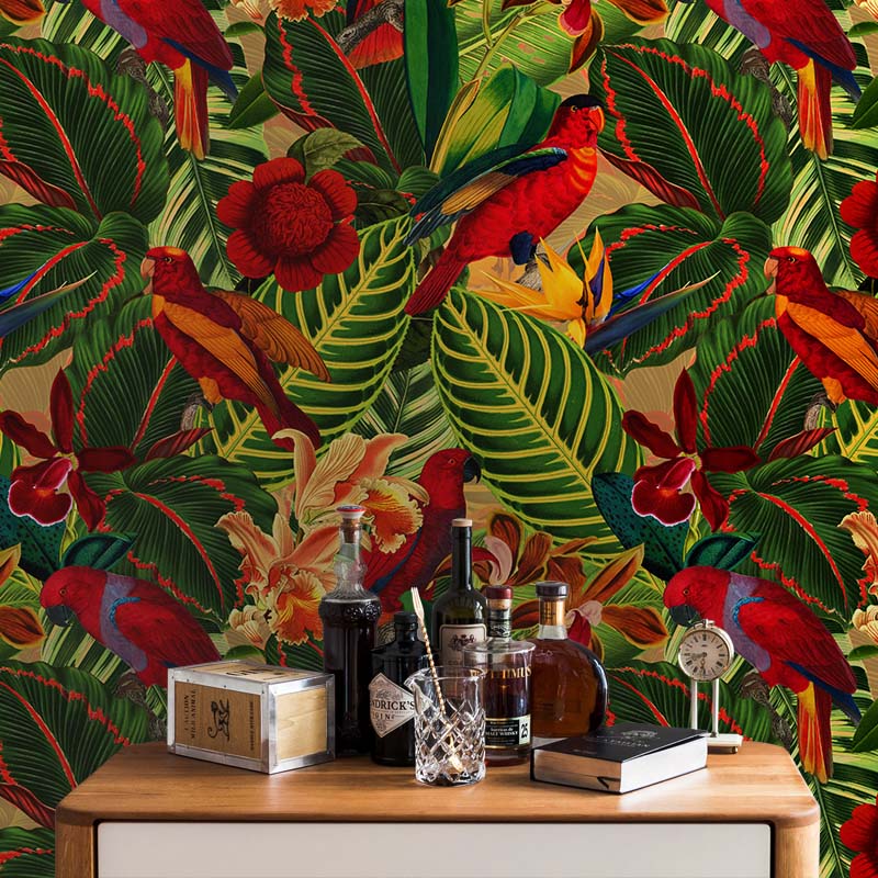 טפט Tropical Jungle with Red Parrots-dark