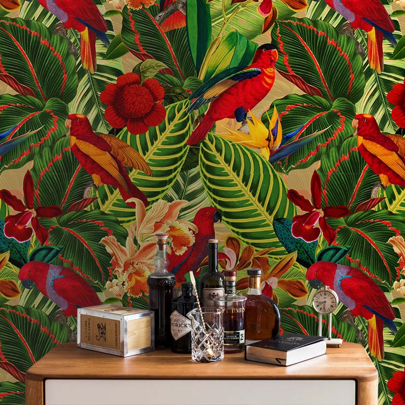 טפט Tropical Jungle with Red Parrots