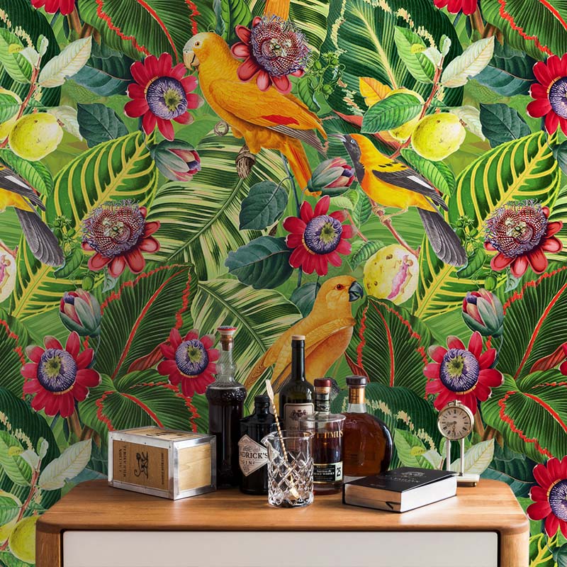 טפט תוכים צהוב Yellow Parrots in Jungle with Passiflora