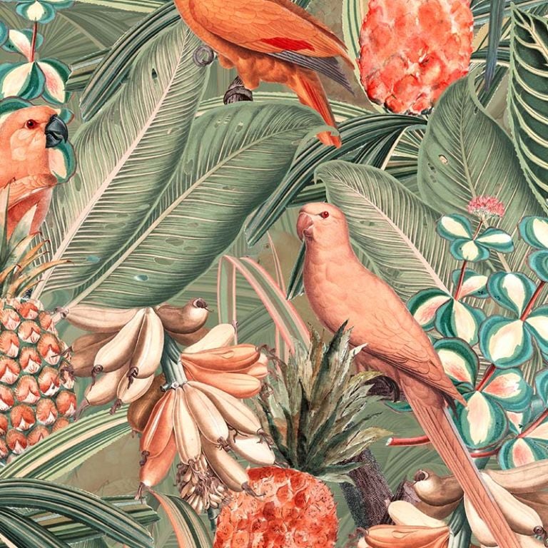 Colorful Birds in Jungle with Bananas – Peach and Green