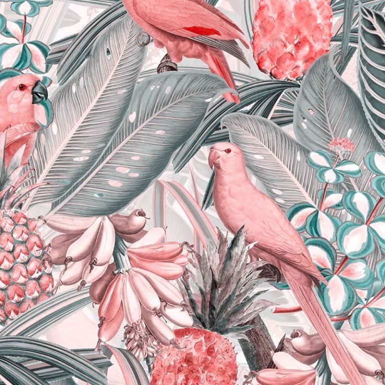 Colorful Birds in Jungle with Bananas – Pink Grey