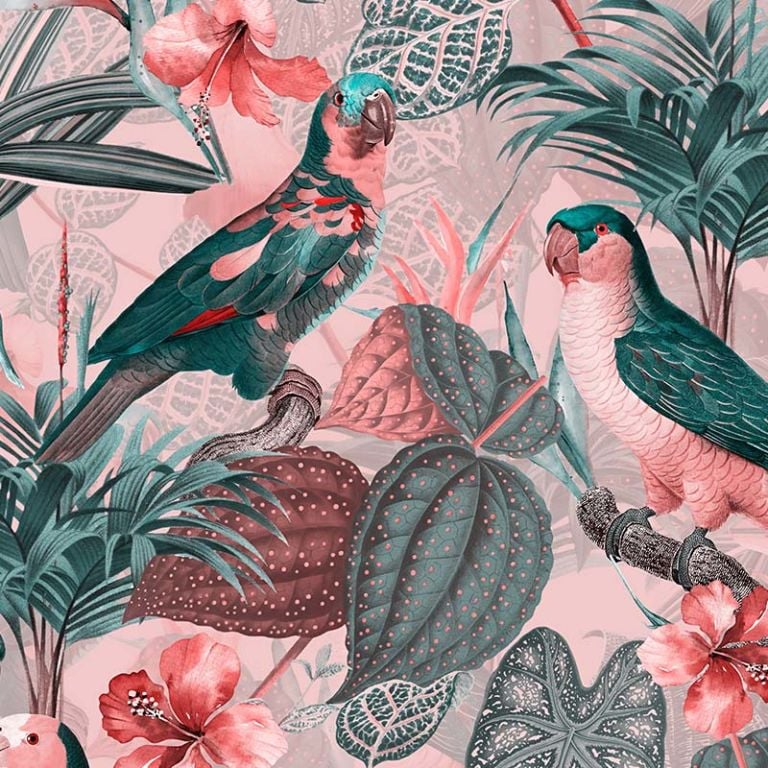 Parrots with Orchids and Hibiscus in Jungle – Pink Grey
