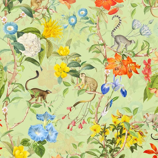Pastel Tropical Monkey And Flowers Chinoiserie Green
