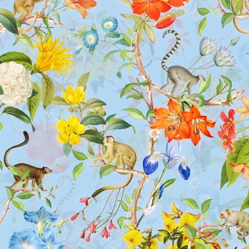 Pastel Tropical Monkey And Flowers Chinoiserie Blue