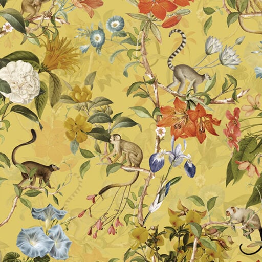 Pastel Tropical Monkey And Flowers Chinoiserie Mustard