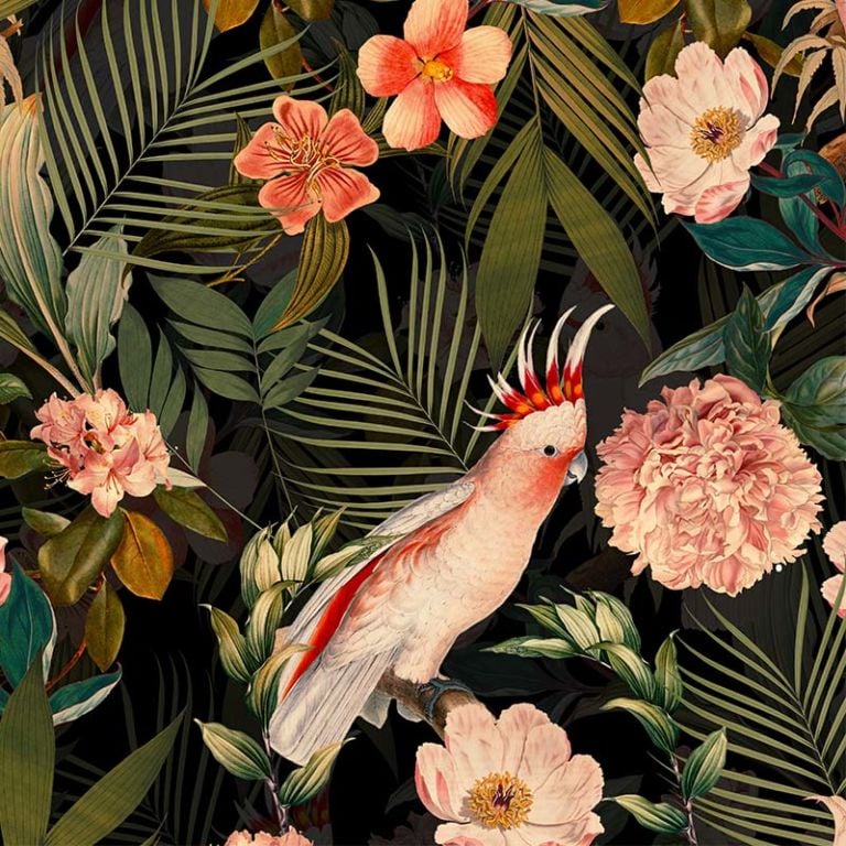 Pink Cockatoos Flowers And Palm Leaves – shiny night