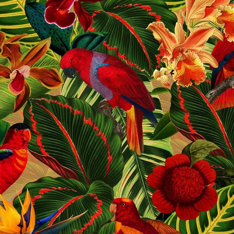 Tropical Jungle with Red Parrots Dark