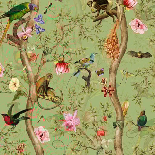 Vintage Birds and Monkeys Chinoiserie Green