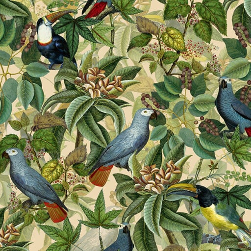 Vintage Parrots and Toucan Jungle Green