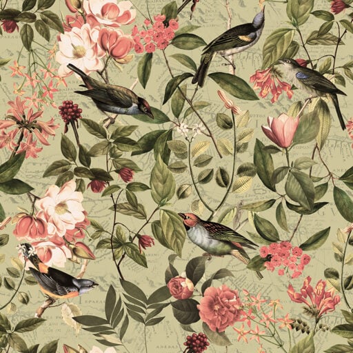 Vintage Sepia Bird and Flower Jungle