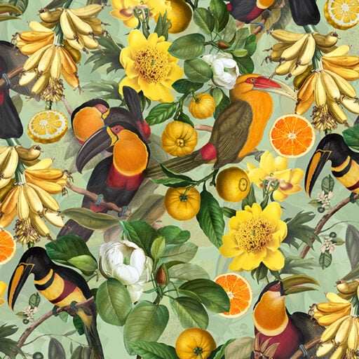 Vintage Toucans and Tropical Fruits Green